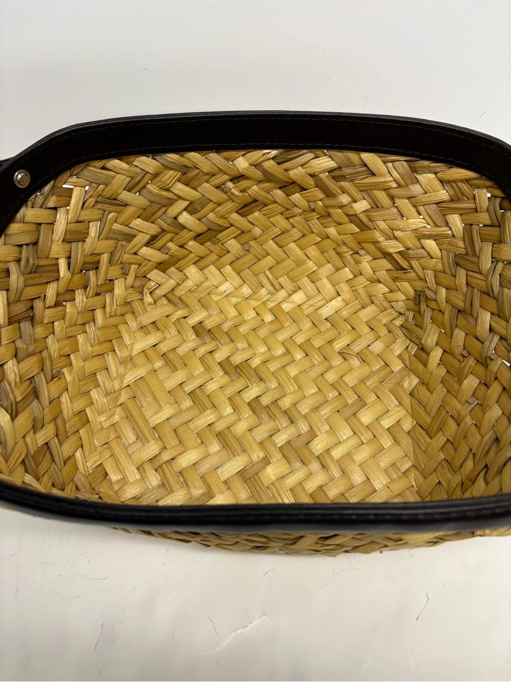 Woven Straw Handled Basket with Dark Brown Leather Trim 14x10x6.5”